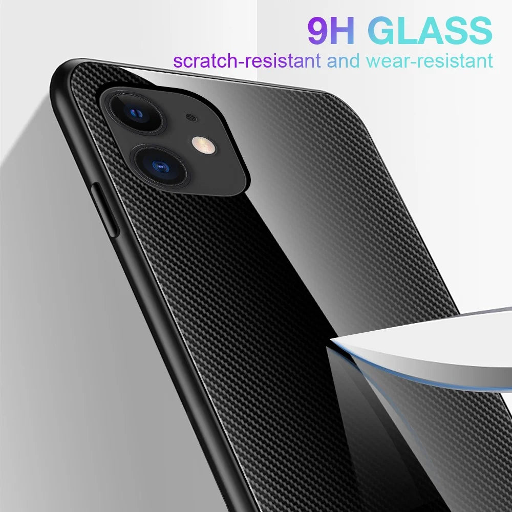 Carbon Fibre Texture Glass Back + TPU Combo Shell for iPhone 12/12 Pro 6.1 inch - Black - 6