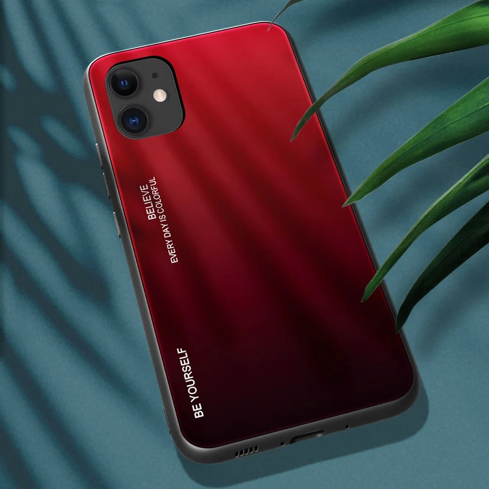 Gradient Color Shell Tempered Glass + PC + TPU Hybrid Case for iPhone 12 Pro/12 - Red / Black - 2
