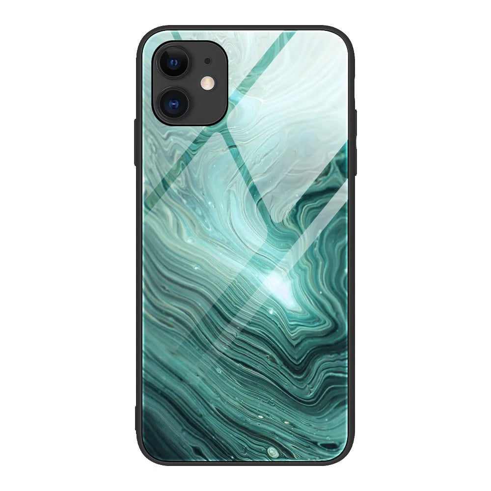 Marble Skin Tempered Glass + TPU Shell for iPhone 12 Pro/12 - Green Flow - 1