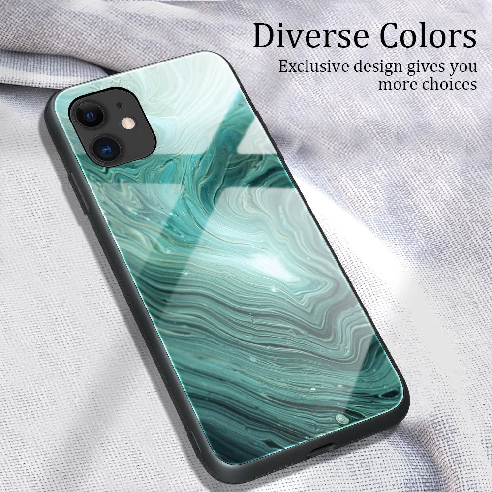 Marble Skin Tempered Glass + TPU Shell for iPhone 12 Pro/12 - Green Flow - 2