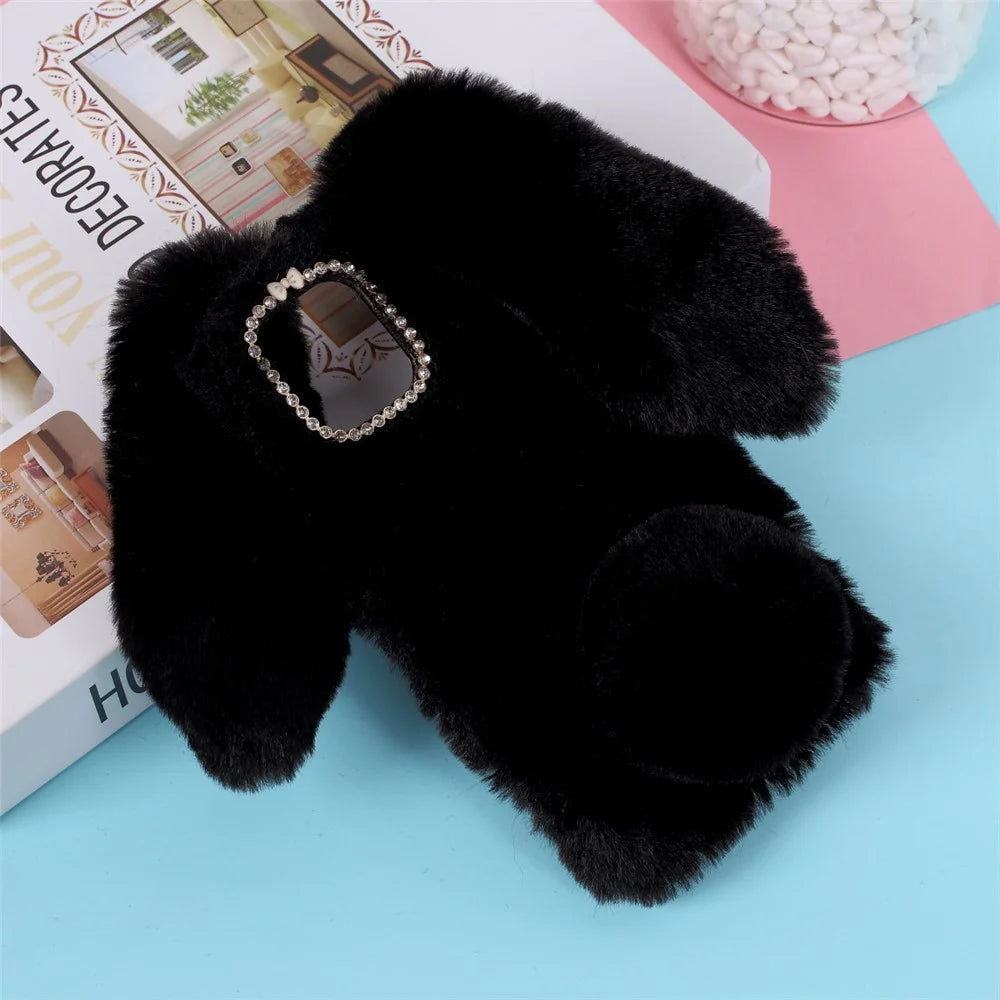 Rabbit Shape Fluffy Fur Coated TPU Cover Shell for iPhone 12 Pro 6.1 inch - Black - 1