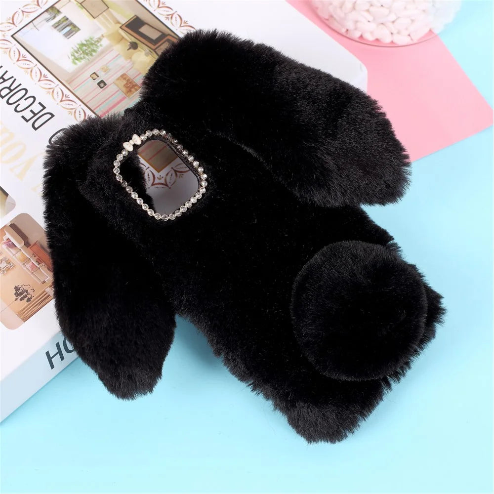 Rabbit Shape Fluffy Fur Coated TPU Cover Shell for iPhone 12 Pro 6.1 inch - Black - 2