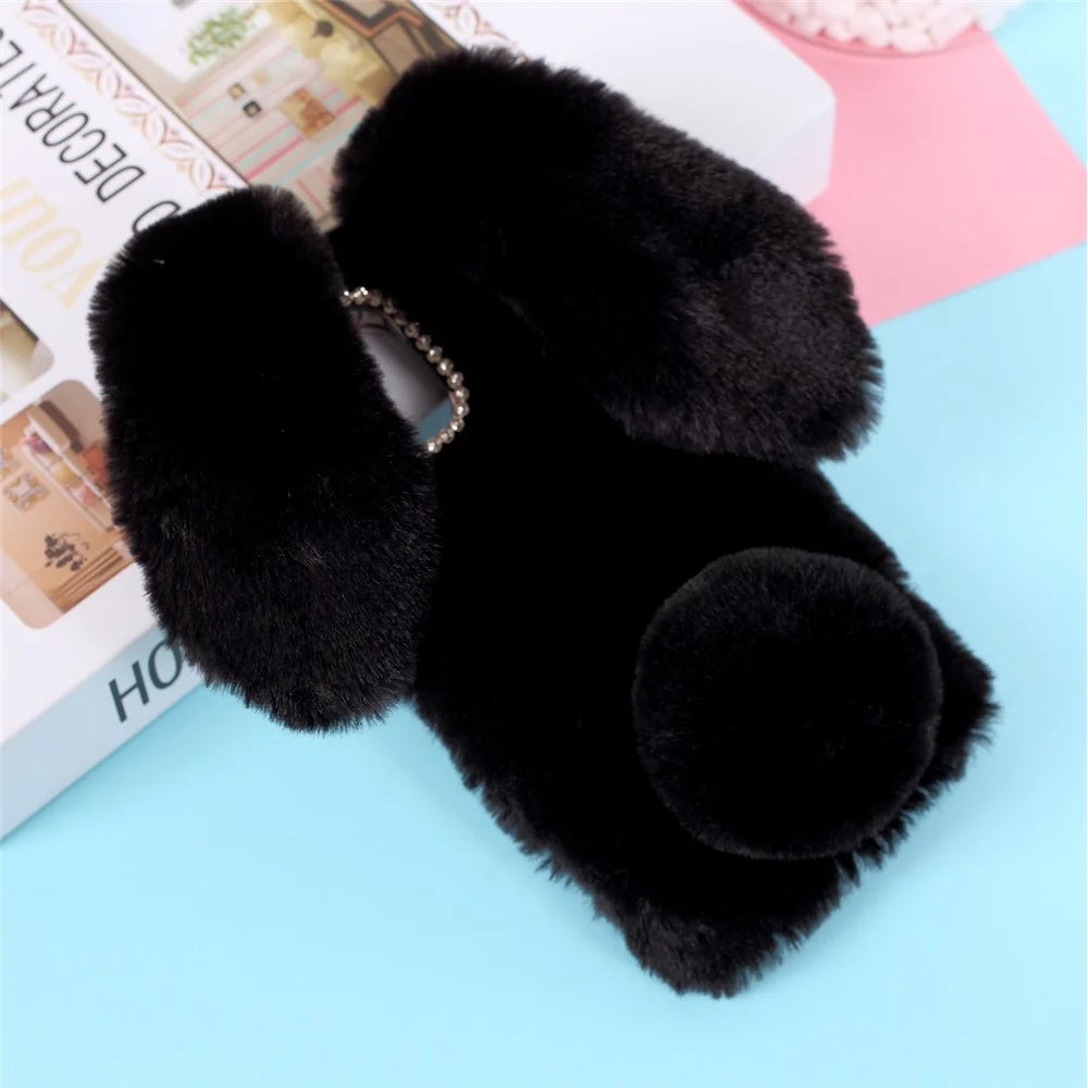 Rabbit Shape Fluffy Fur Coated TPU Cover Shell for iPhone 12 Pro 6.1 inch - Black - 3