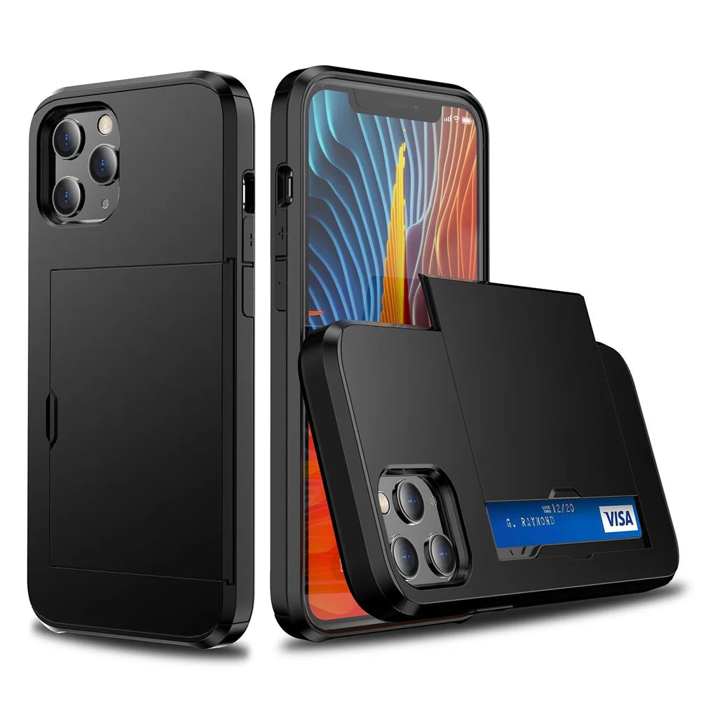 For iPhone 12 Pro/12 Anti-scratch Durable Shockproof Dustproof Phone Bag Covering Slide Card Slot Plastic + TPU Hybrid Shell Phone Cover Case - Black - 1