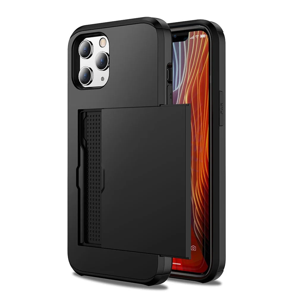 For iPhone 12 Pro/12 Anti-scratch Durable Shockproof Dustproof Phone Bag Covering Slide Card Slot Plastic + TPU Hybrid Shell Phone Cover Case - Black - 2