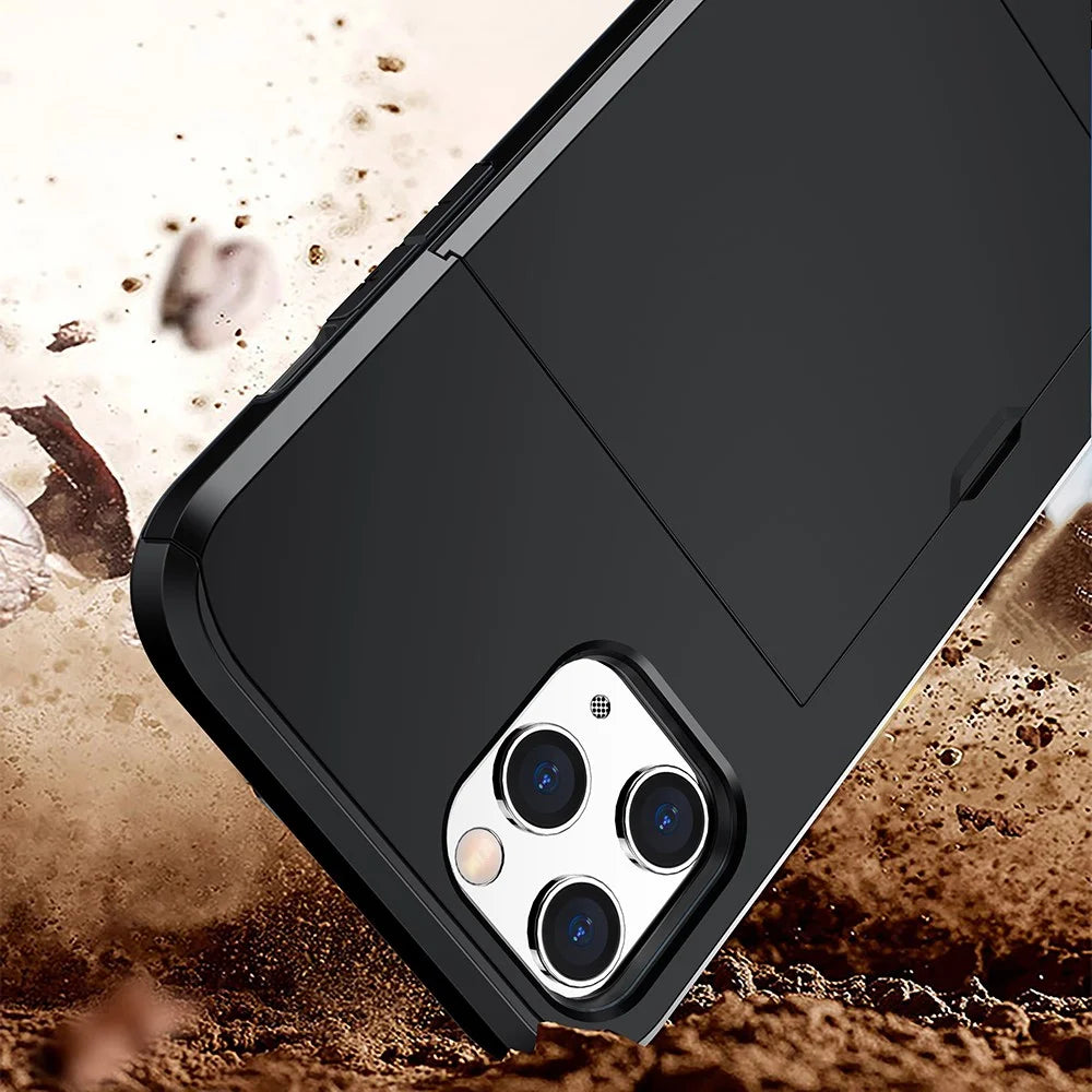 For iPhone 12 Pro/12 Anti-scratch Durable Shockproof Dustproof Phone Bag Covering Slide Card Slot Plastic + TPU Hybrid Shell Phone Cover Case - Black - 3