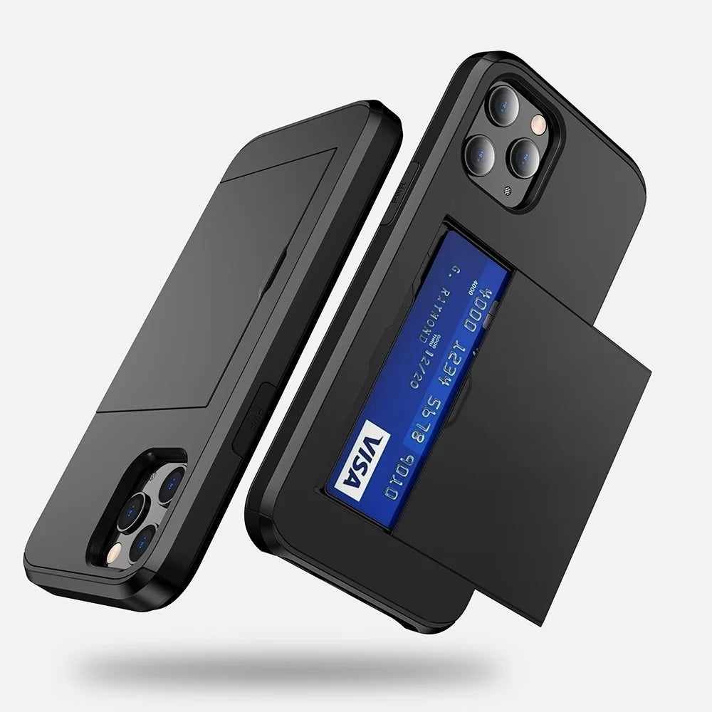 For iPhone 12 Pro/12 Anti-scratch Durable Shockproof Dustproof Phone Bag Covering Slide Card Slot Plastic + TPU Hybrid Shell Phone Cover Case - Black - 5