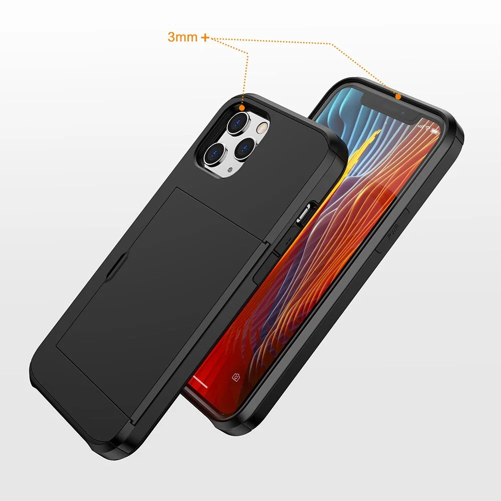 For iPhone 12 Pro/12 Anti-scratch Durable Shockproof Dustproof Phone Bag Covering Slide Card Slot Plastic + TPU Hybrid Shell Phone Cover Case - Black - 6