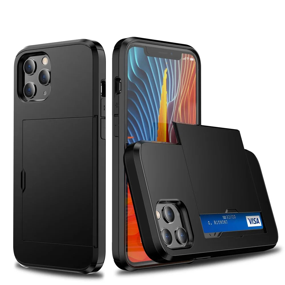 Slide Card Slot Plastic + TPU Combo Case for iPhone 12 mini Cell Phone Accessory - Black - 1