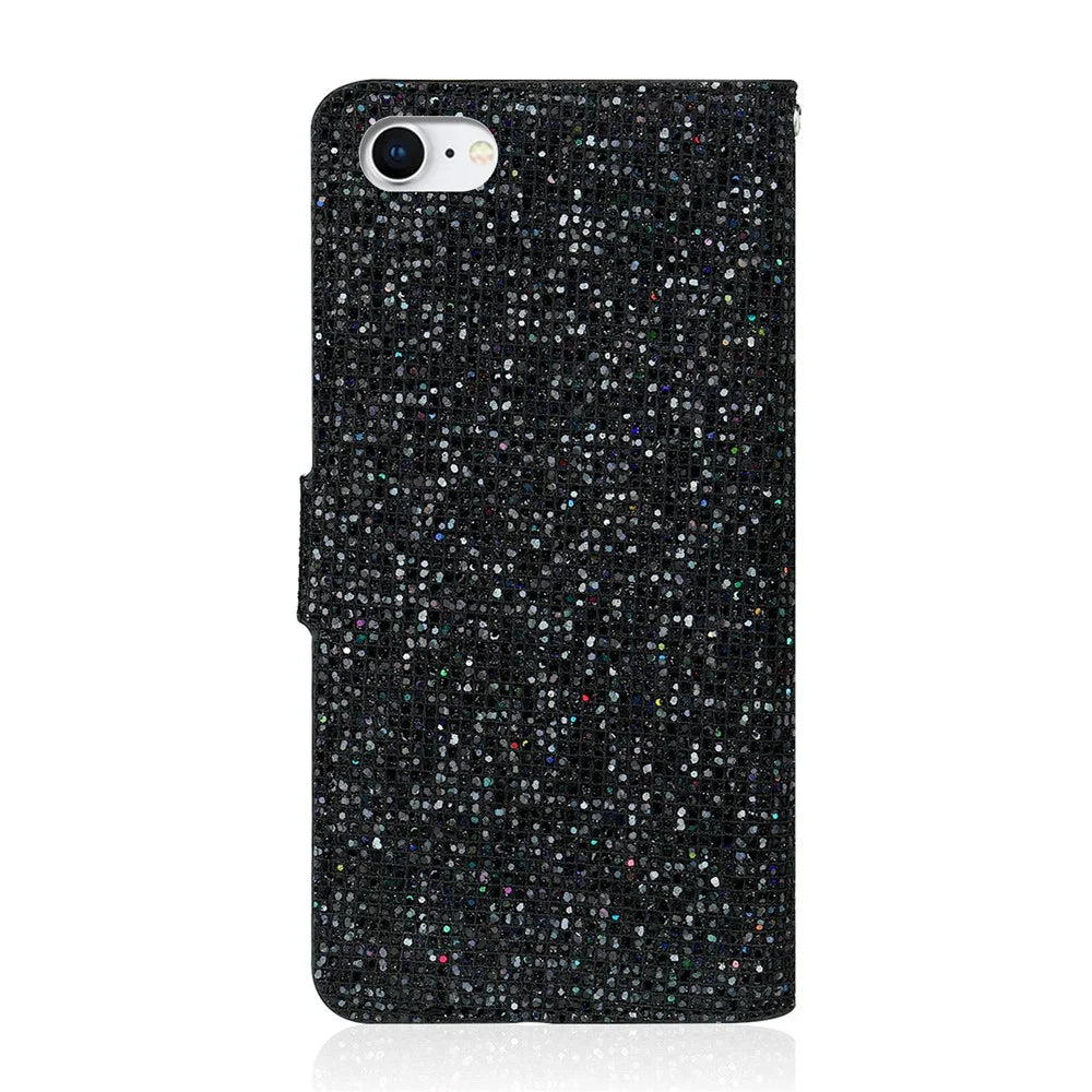 Glittery Powder Splicing Wallet Stand Leather Case for iPhone SE (2020)/SE (2022)/8/7 4.7 inch - Black - 2