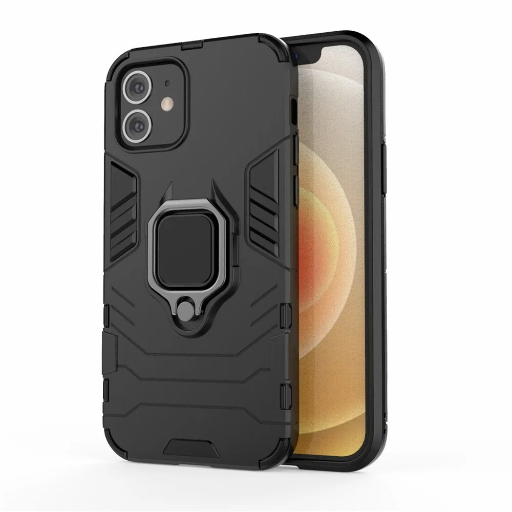 Cool Guard Finger Ring Kickstand PC + TPU Hybrid Shell for iPhone 12 Pro/12 - Black - 1