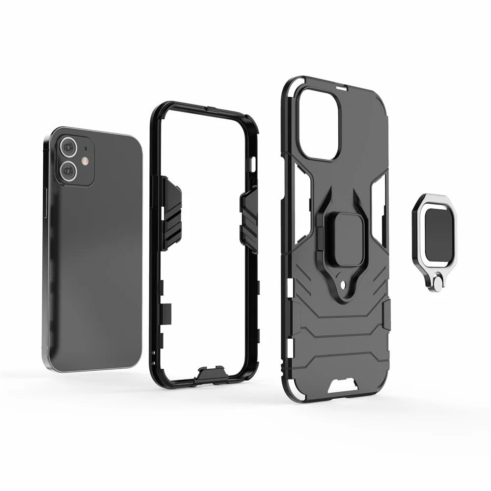 Cool Guard Finger Ring Kickstand PC + TPU Hybrid Shell for iPhone 12 Pro/12 - Black - 4