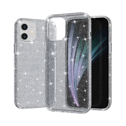 For iPhone 12 6.1 inch Glittery Powder Clear Case Hard PC Soft TPU Shockproof Transparent Sparkly Cover - Grey - 1