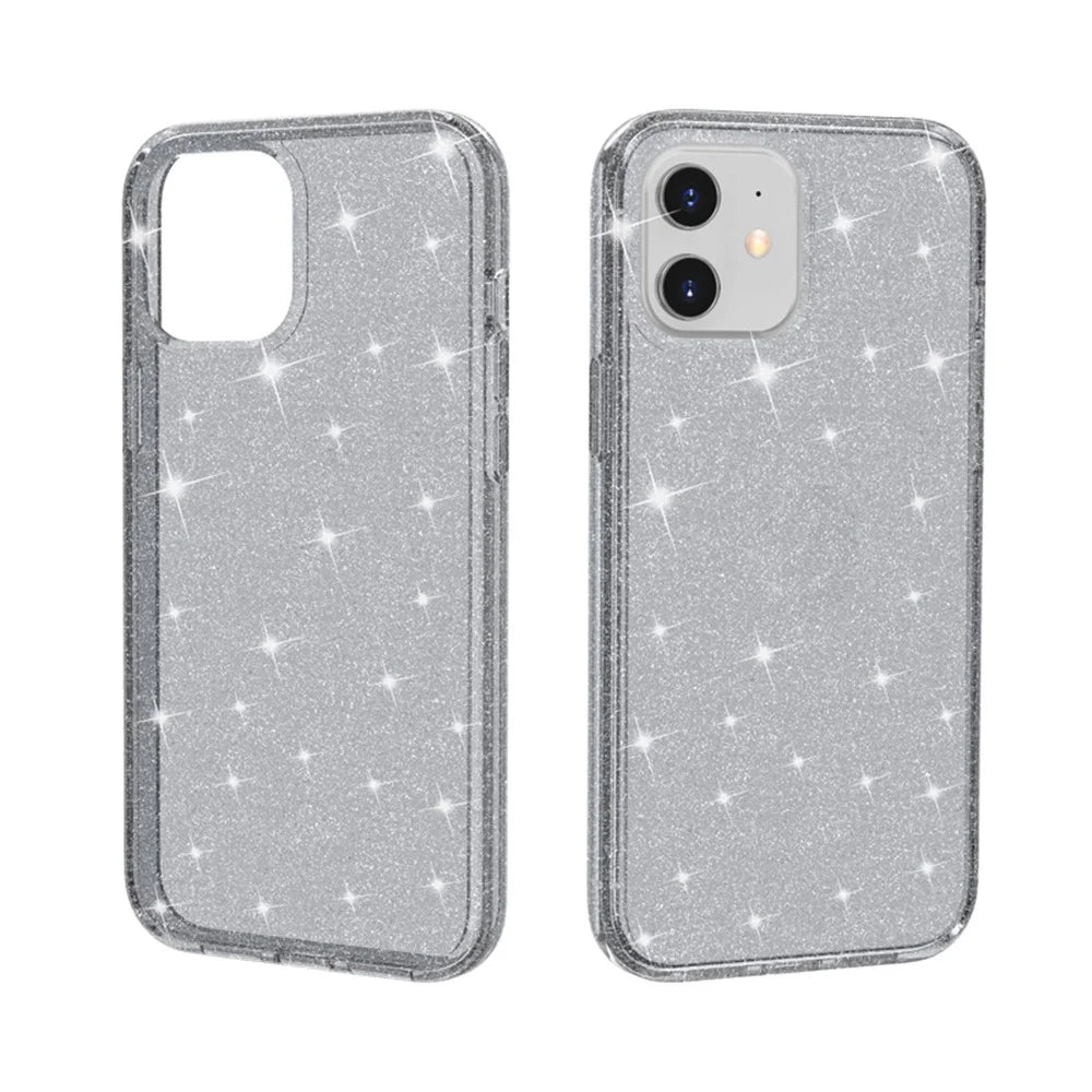 For iPhone 12 6.1 inch Glittery Powder Clear Case Hard PC Soft TPU Shockproof Transparent Sparkly Cover - Grey - 2