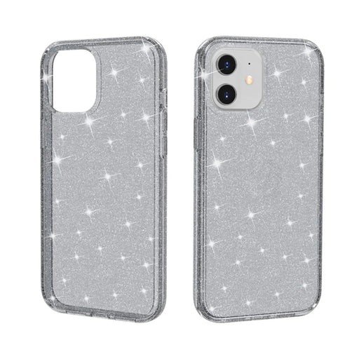 For iPhone 12 6.1 inch Glittery Powder Clear Case Hard PC Soft TPU Shockproof Transparent Sparkly Cover - Grey - 2