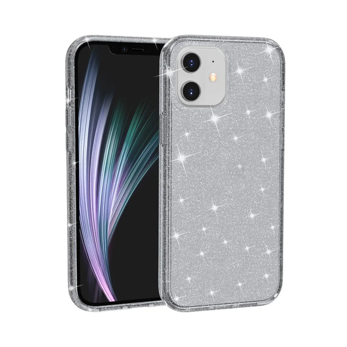 For iPhone 12 6.1 inch Glittery Powder Clear Case Hard PC Soft TPU Shockproof Transparent Sparkly Cover - Grey - 3
