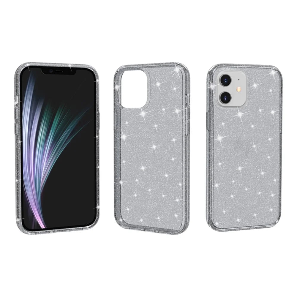 For iPhone 12 6.1 inch Glittery Powder Clear Case Hard PC Soft TPU Shockproof Transparent Sparkly Cover - Grey - 4