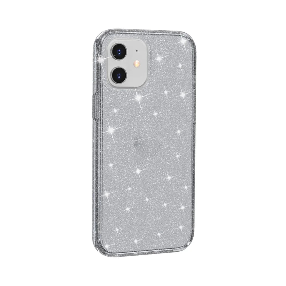 For iPhone 12 6.1 inch Glittery Powder Clear Case Hard PC Soft TPU Shockproof Transparent Sparkly Cover - Grey - 5
