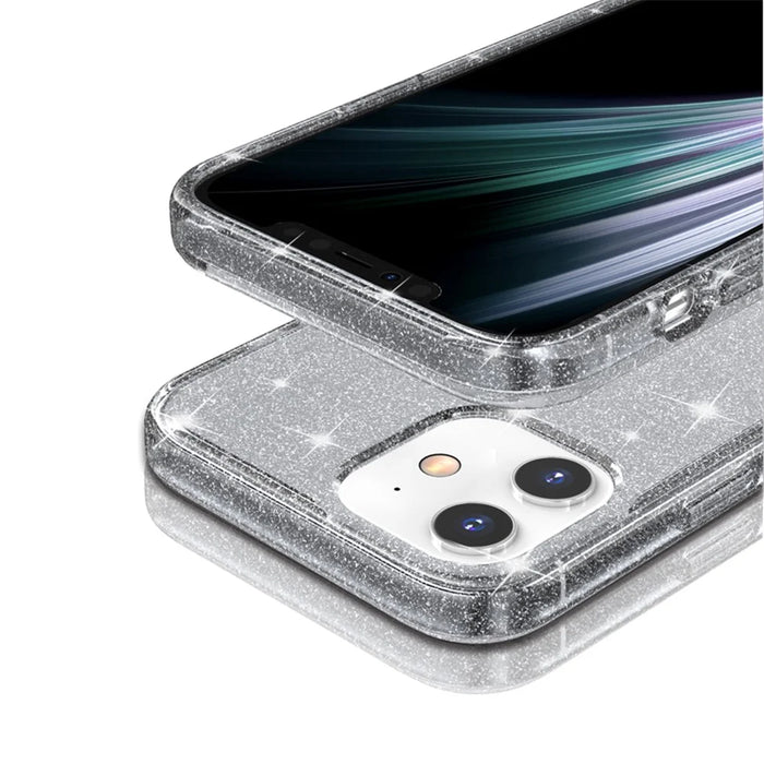 For iPhone 12 6.1 inch Glittery Powder Clear Case Hard PC Soft TPU Shockproof Transparent Sparkly Cover - Grey - 6