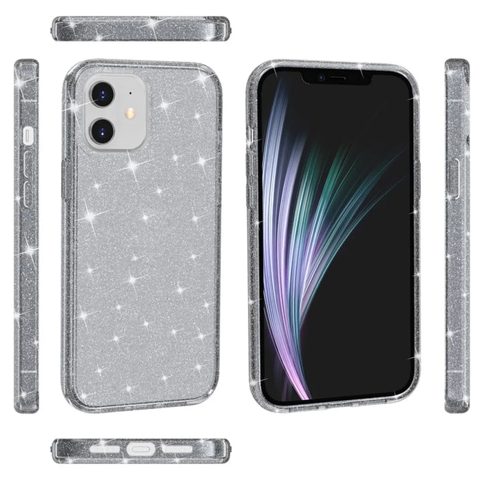 For iPhone 12 6.1 inch Glittery Powder Clear Case Hard PC Soft TPU Shockproof Transparent Sparkly Cover - Grey - 7
