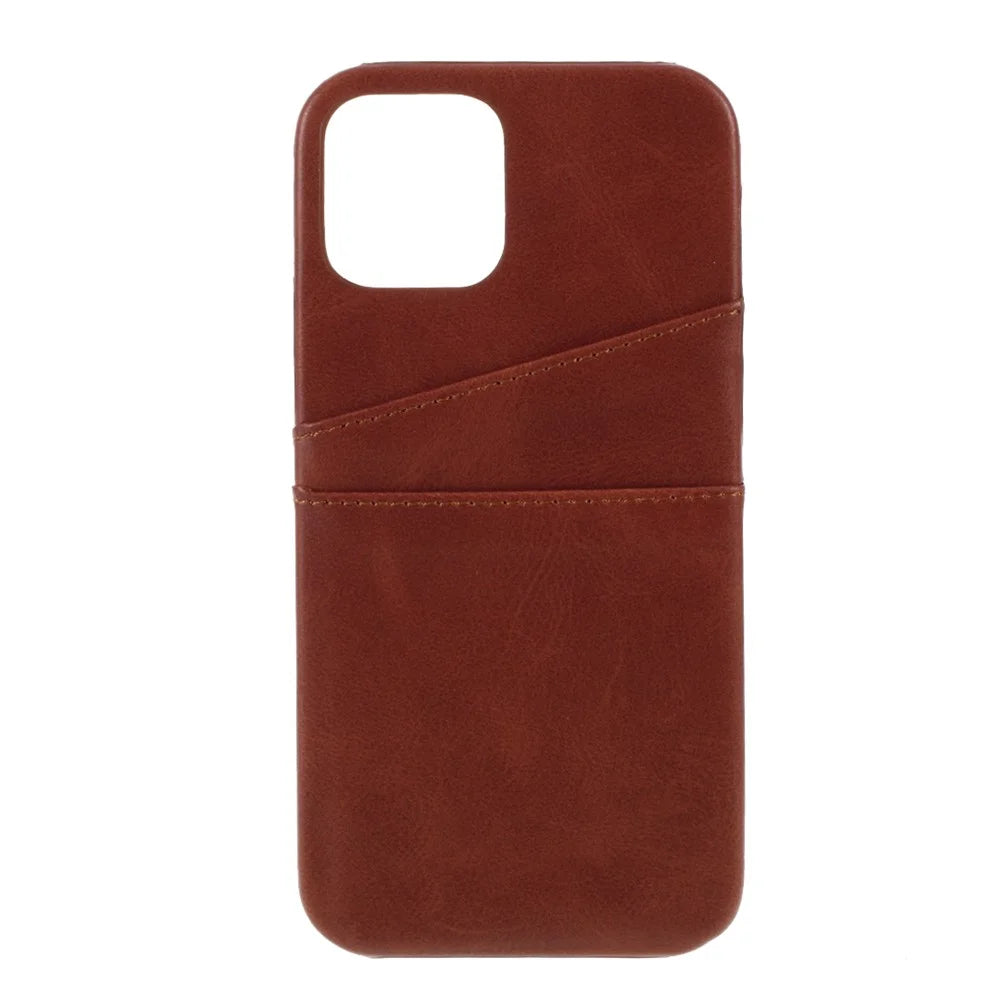 Double Card Slots Holders PU Leather Coated PC Hard Phone Cover Case for iPhone 12 Pro 6.1 inch/12 6.1 inch - Dark Brown - 1