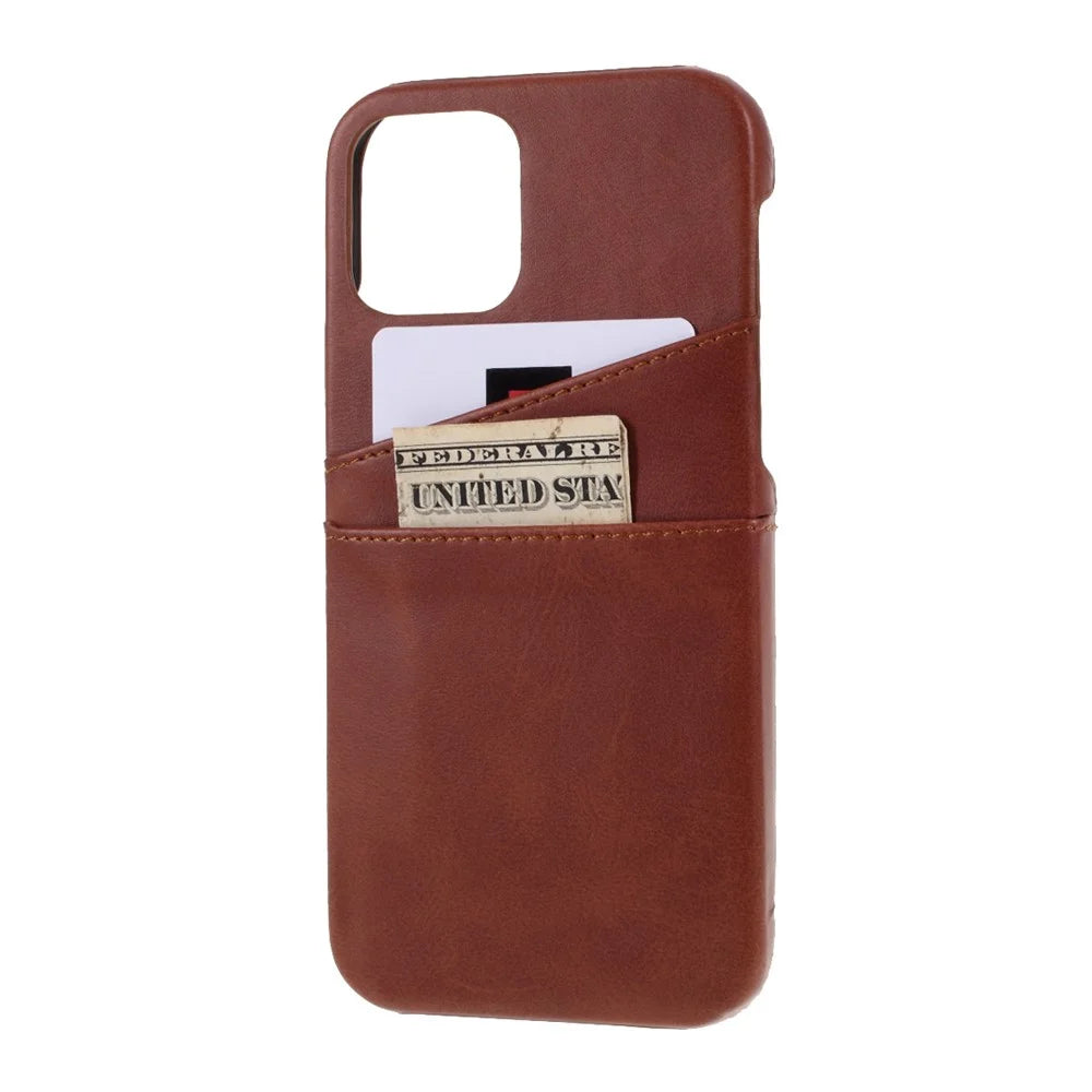Double Card Slots Holders PU Leather Coated PC Hard Phone Cover Case for iPhone 12 Pro 6.1 inch/12 6.1 inch - Dark Brown - 2