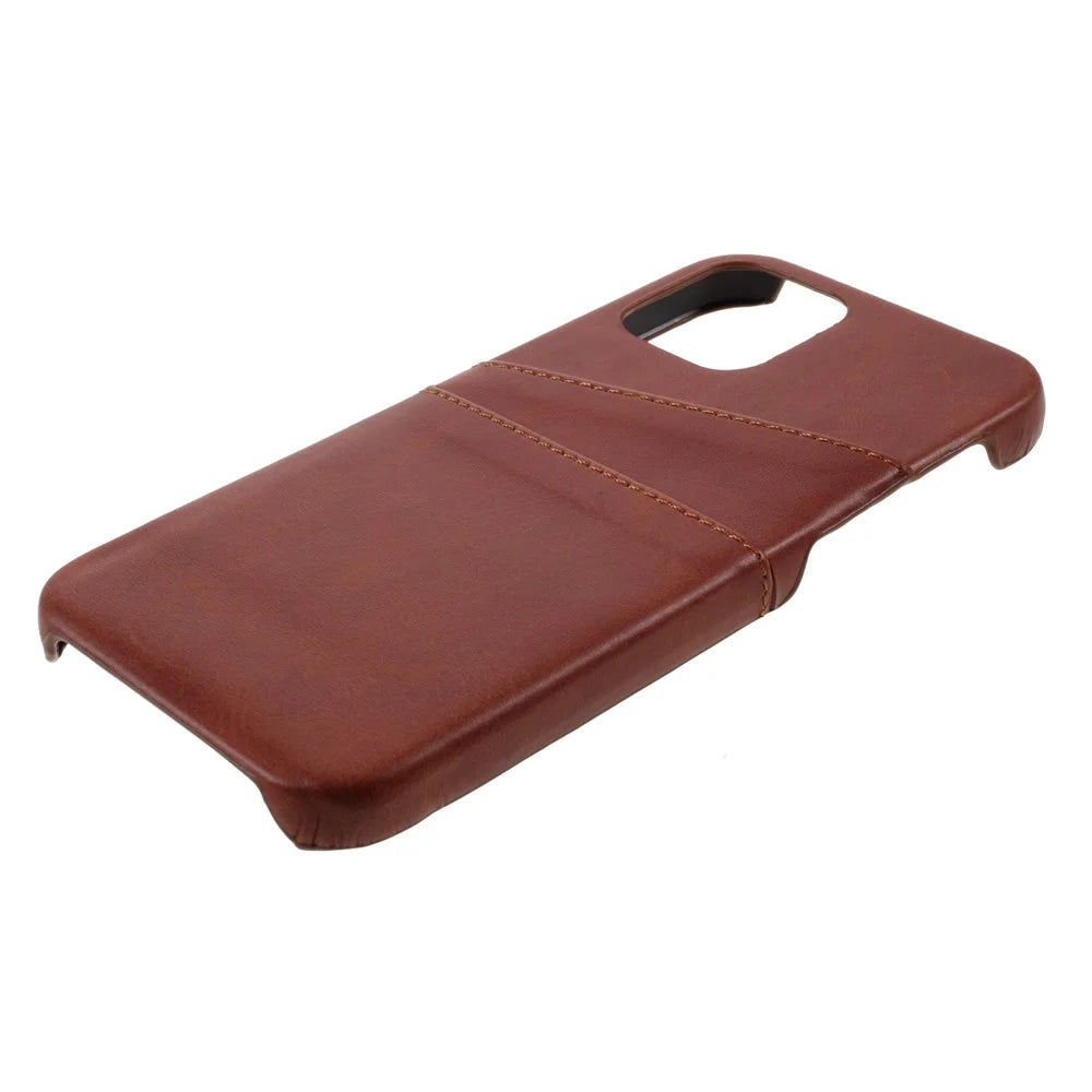 Double Card Slots Holders PU Leather Coated PC Hard Phone Cover Case for iPhone 12 Pro 6.1 inch/12 6.1 inch - Dark Brown - 4
