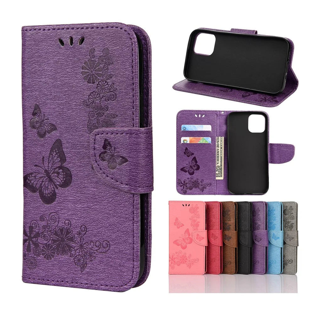 Imprint Flower Butterfly Leather Wallet Case for iPhone 12 Pro/12 - Purple - 1