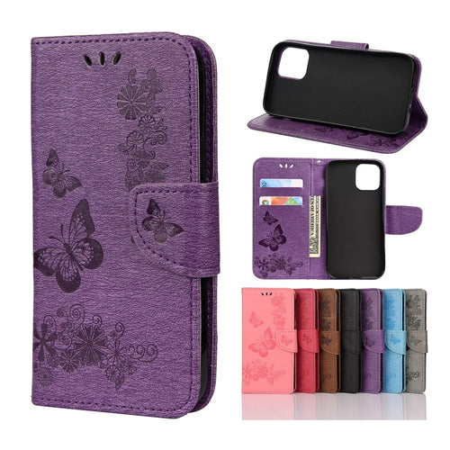 Imprint Flower Butterfly Leather Wallet Case for iPhone 12 Pro/12 - Purple - 1