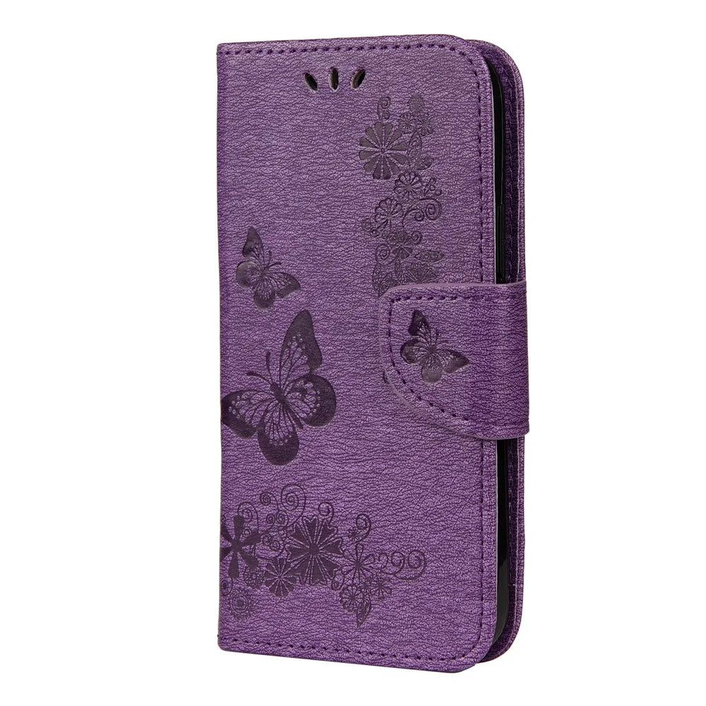 Imprint Flower Butterfly Leather Wallet Case for iPhone 12 Pro/12 - Purple - 2