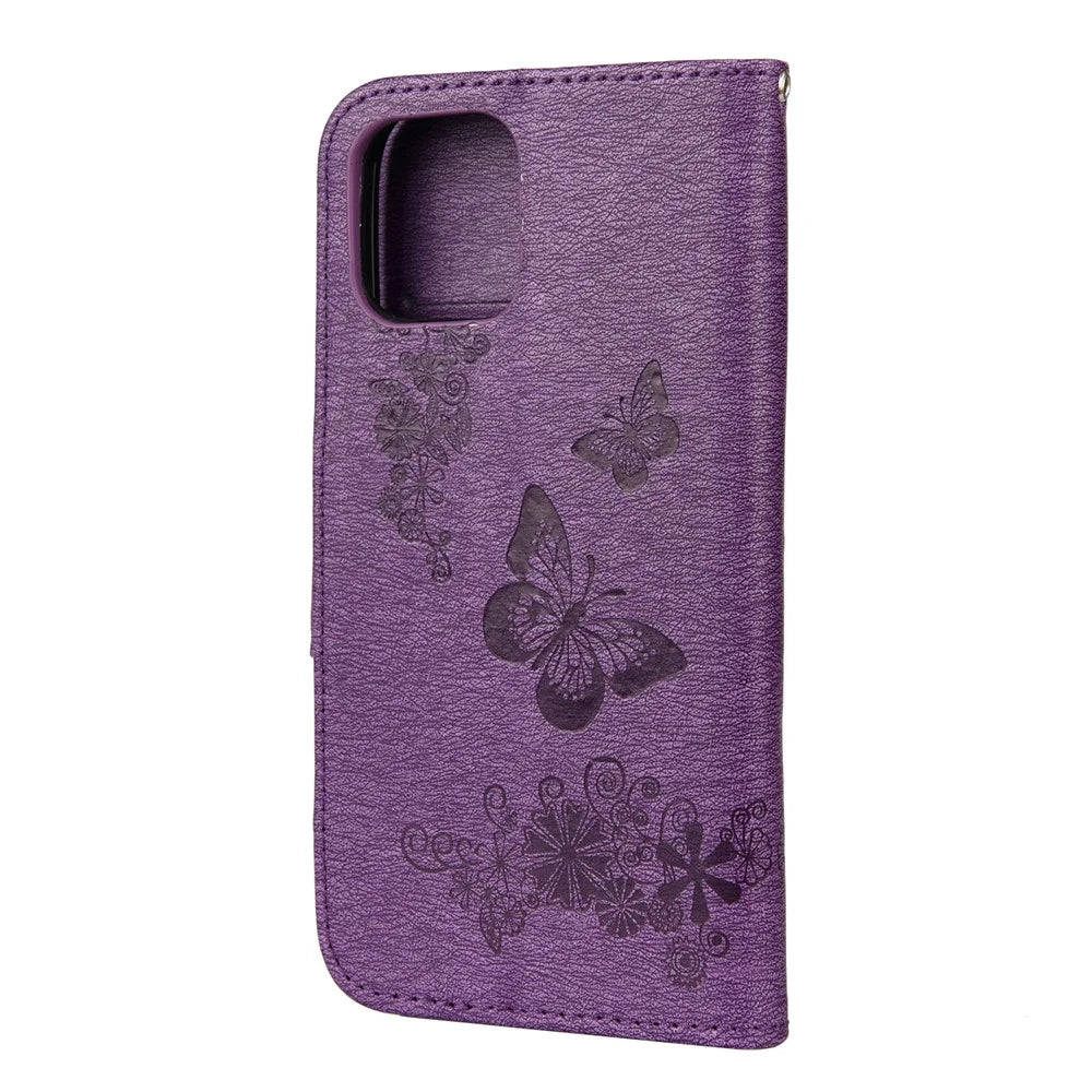 Imprint Flower Butterfly Leather Wallet Case for iPhone 12 Pro/12 - Purple - 3