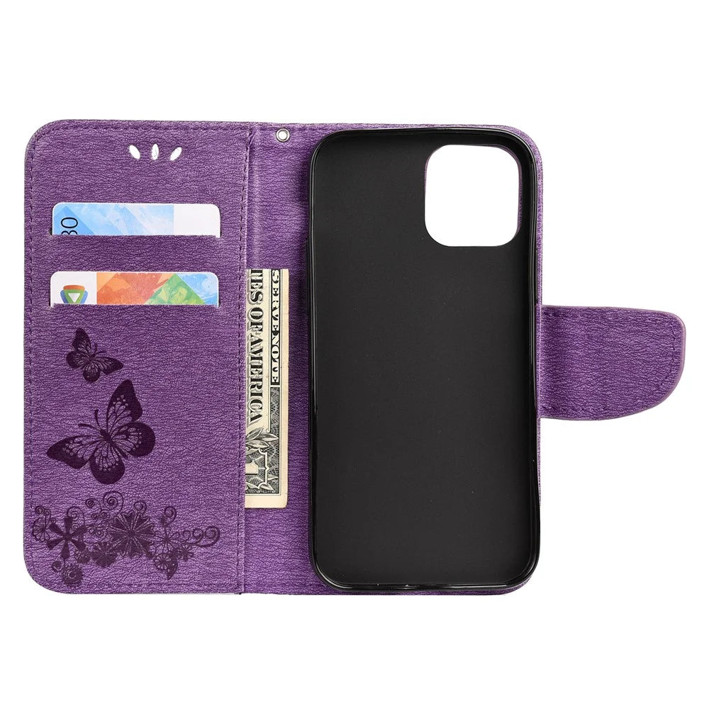 Imprint Flower Butterfly Leather Wallet Case for iPhone 12 Pro/12 - Purple - 4