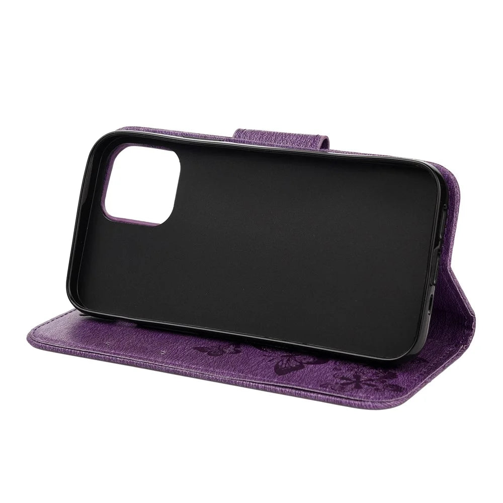 Imprint Flower Butterfly Leather Wallet Case for iPhone 12 Pro/12 - Purple - 5