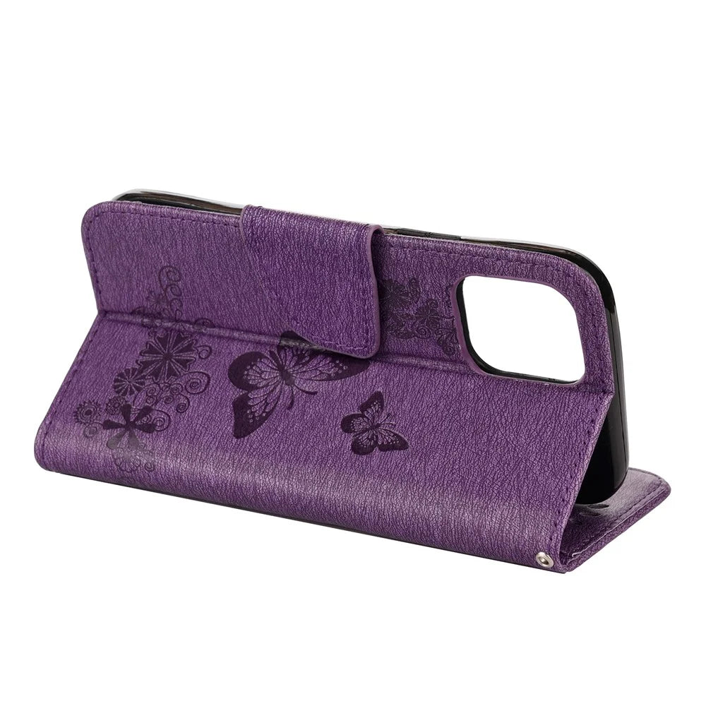 Imprint Flower Butterfly Leather Wallet Case for iPhone 12 Pro/12 - Purple - 6