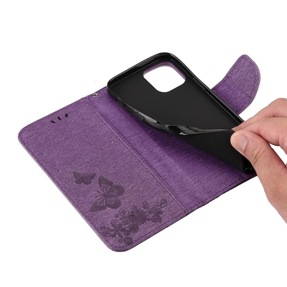 Imprint Flower Butterfly Leather Wallet Case for iPhone 12 Pro/12 - Purple - 7