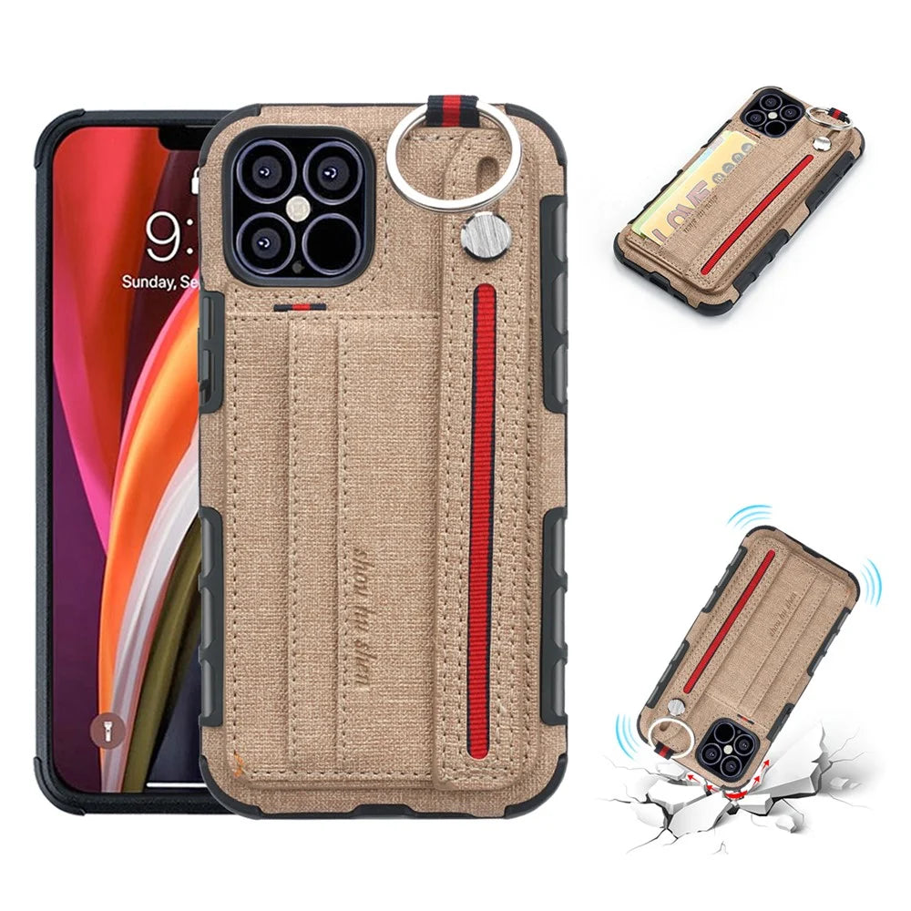 SHOUHUSHEN Card Holder Cloth Coated PC TPU Hybrid Cover Accessory for iPhone 12 Pro Max 6.7-inch - Brown - 1