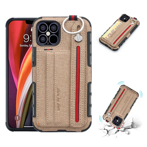 SHOUHUSHEN Card Holder Cloth Coated PC TPU Hybrid Cover Accessory for iPhone 12 Pro Max 6.7-inch - Brown - 1