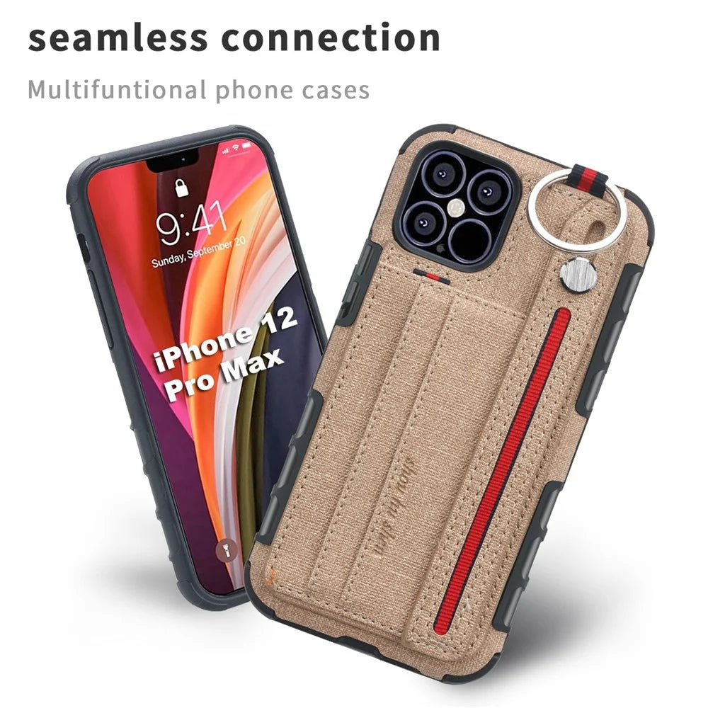 SHOUHUSHEN Card Holder Cloth Coated PC TPU Hybrid Cover Accessory for iPhone 12 Pro Max 6.7-inch - Brown - 2