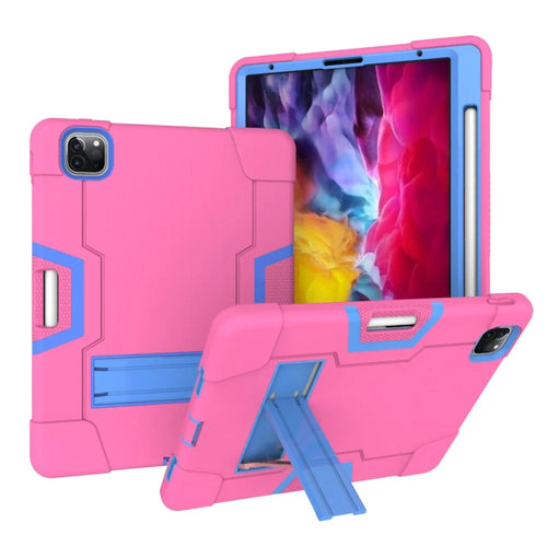 Color Splicing Shock Proof TPU + PC + Silicone Hybrid Case with Kickstand for iPad Pro 12.9 (2022) (2021) (2020) - Rose / Baby Blue - 1