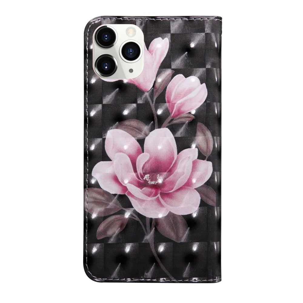 Light Spot Decor Patterned Leather Wallet Stand Case for iPhone 12 Pro/12 - Pink Flowers - 3