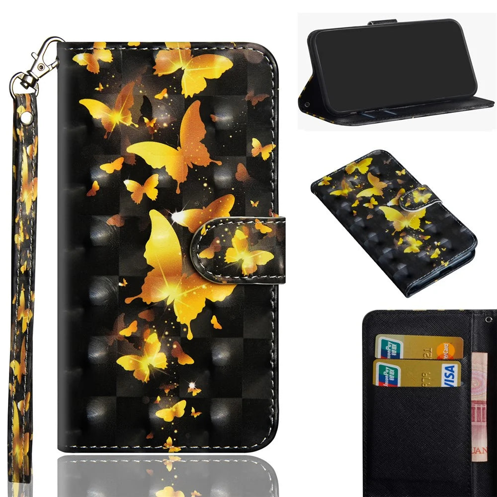 Light Spot Decor Pattern Printing Wallet Stand Leather Case with Strap for iPhone 12 mini - Gold Butterfly - 1