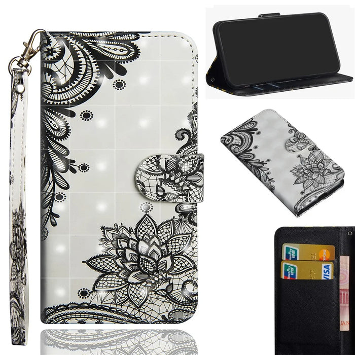 Light Spot Decor Pattern Printing Wallet Stand Leather Shell with Strap for iPhone 12 Pro/12 - Lace Flower - 1