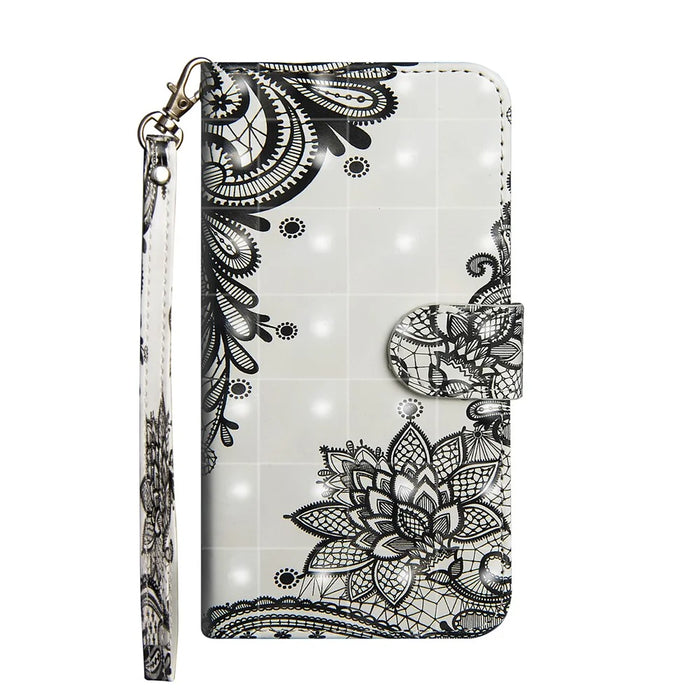 Light Spot Decor Pattern Printing Wallet Stand Leather Shell with Strap for iPhone 12 Pro/12 - Lace Flower - 2