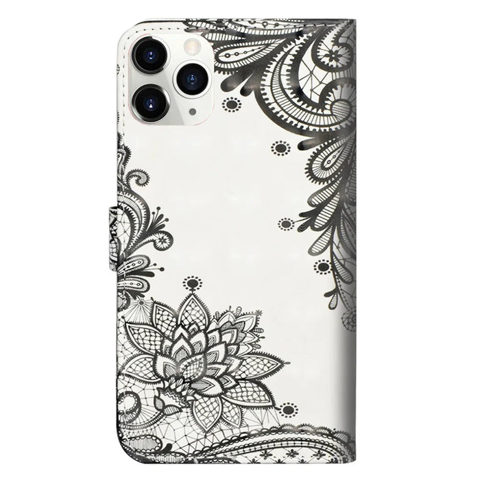 Light Spot Decor Pattern Printing Wallet Stand Leather Shell with Strap for iPhone 12 Pro/12 - Lace Flower - 3