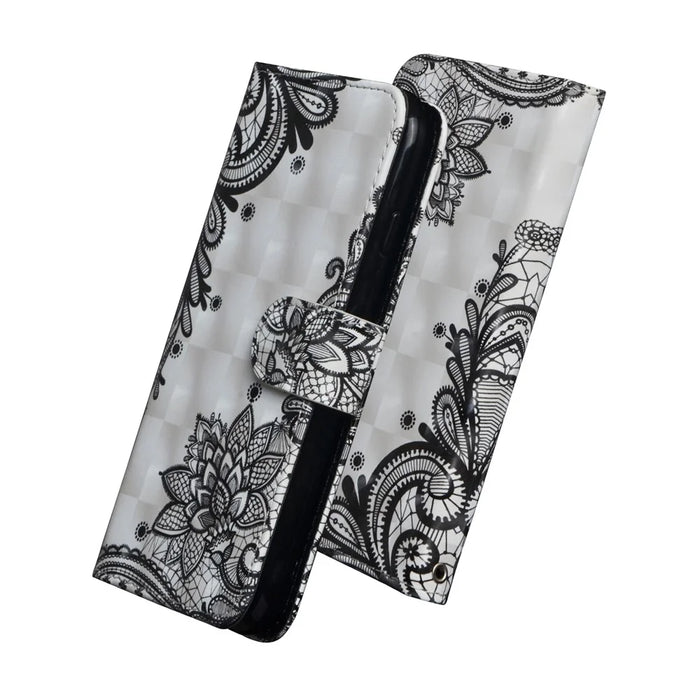 Light Spot Decor Pattern Printing Wallet Stand Leather Shell with Strap for iPhone 12 Pro/12 - Lace Flower - 4