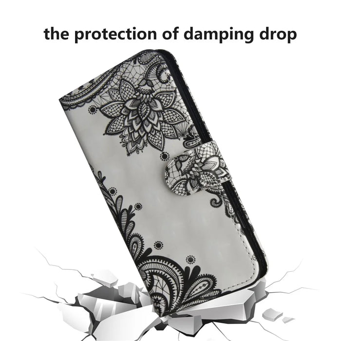 Light Spot Decor Pattern Printing Wallet Stand Leather Shell with Strap for iPhone 12 Pro/12 - Lace Flower - 5