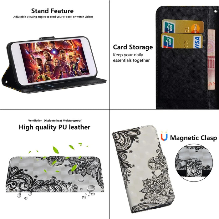 Light Spot Decor Pattern Printing Wallet Stand Leather Shell with Strap for iPhone 12 Pro/12 - Lace Flower - 6