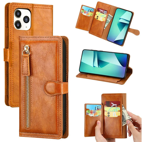 Zipper Pocket Leather Wallet Stand Case for iPhone 12 Pro/12 - Orange - 1