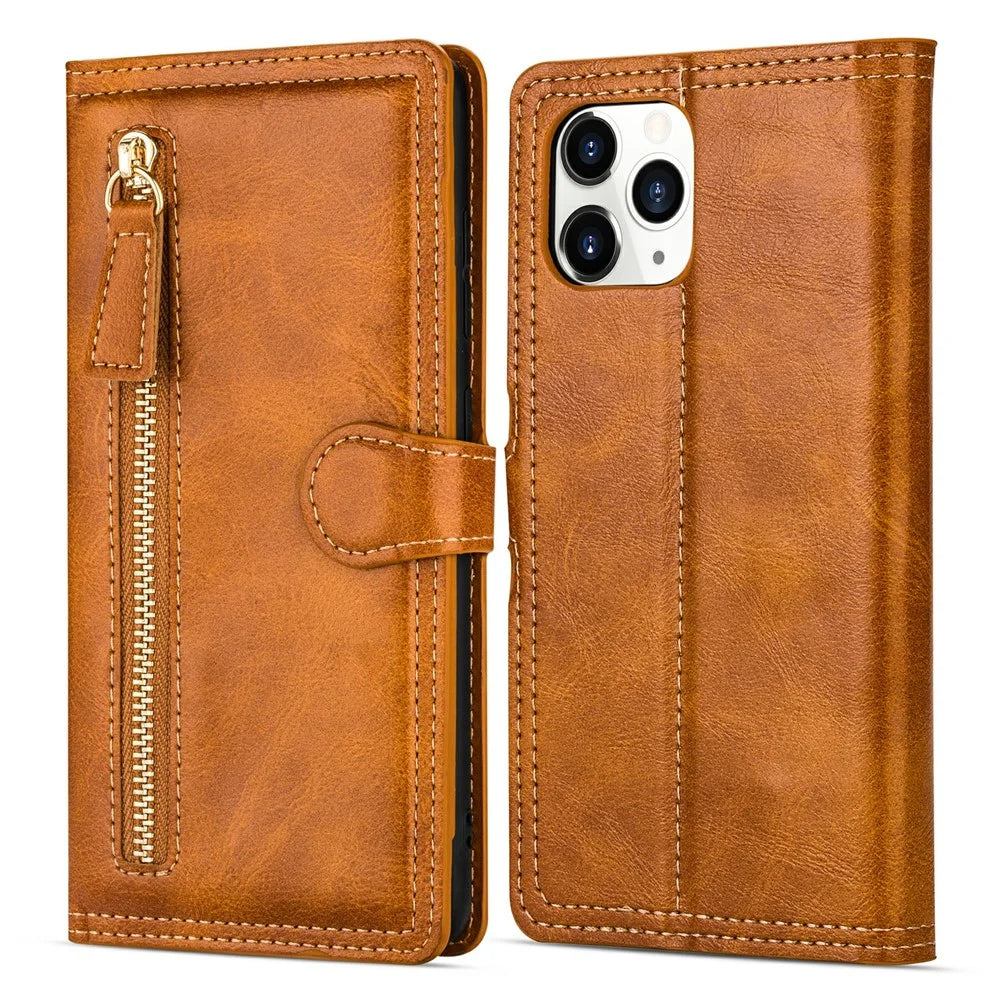Zipper Pocket Leather Wallet Stand Case for iPhone 12 Pro/12 - Orange - 2