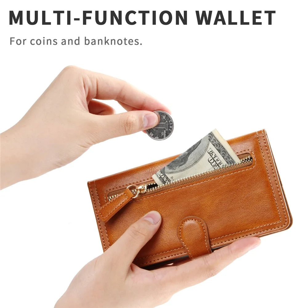 Zipper Pocket Leather Wallet Stand Case for iPhone 12 Pro/12 - Orange - 5